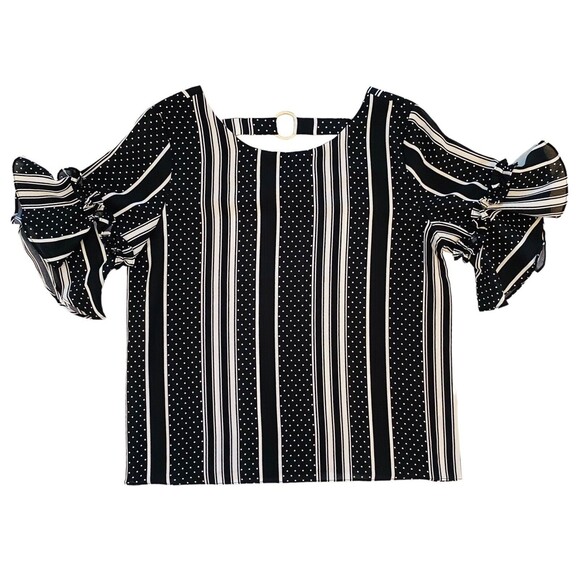 Emilio Pepe Top Women’s Flutter Puff Sleeves Blouse Black White Size Medium - Picture 2 of 10
